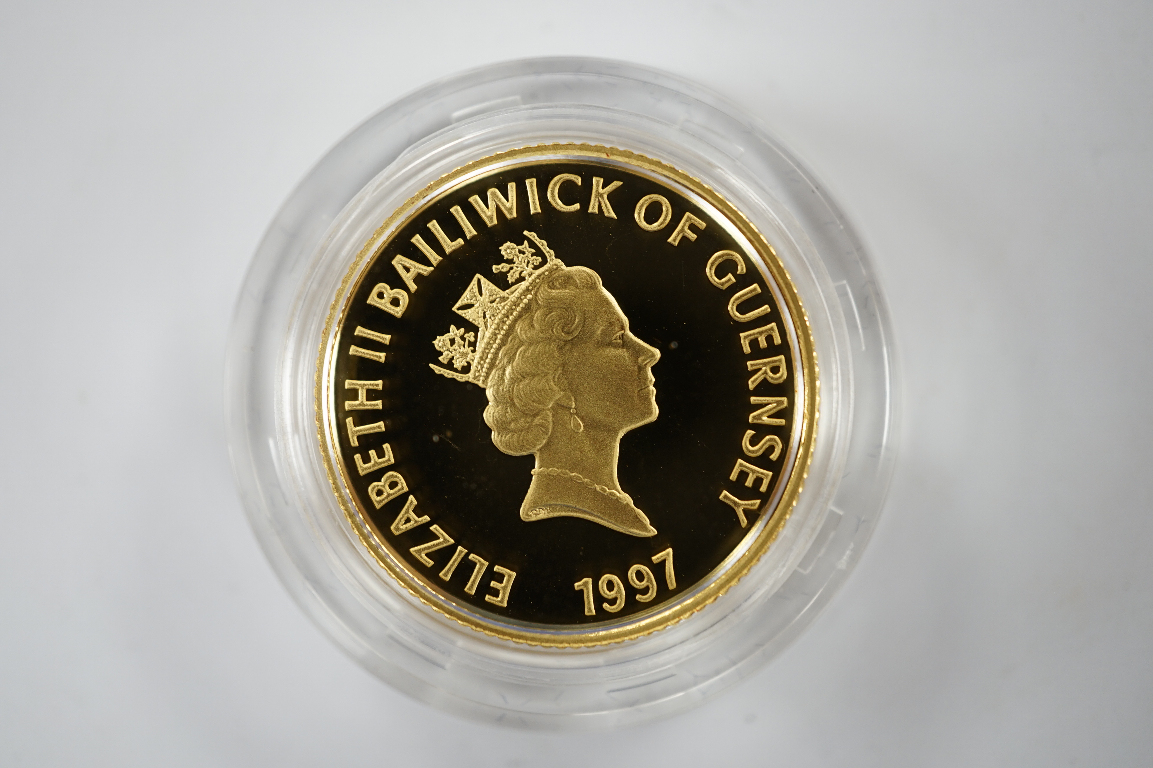 Gold coins, Guernsey, 1997 gold proof £25 coin, commemorating the Golden wedding of HM QEII and Prince Philip, in Westminster case with Royal Mint certificate